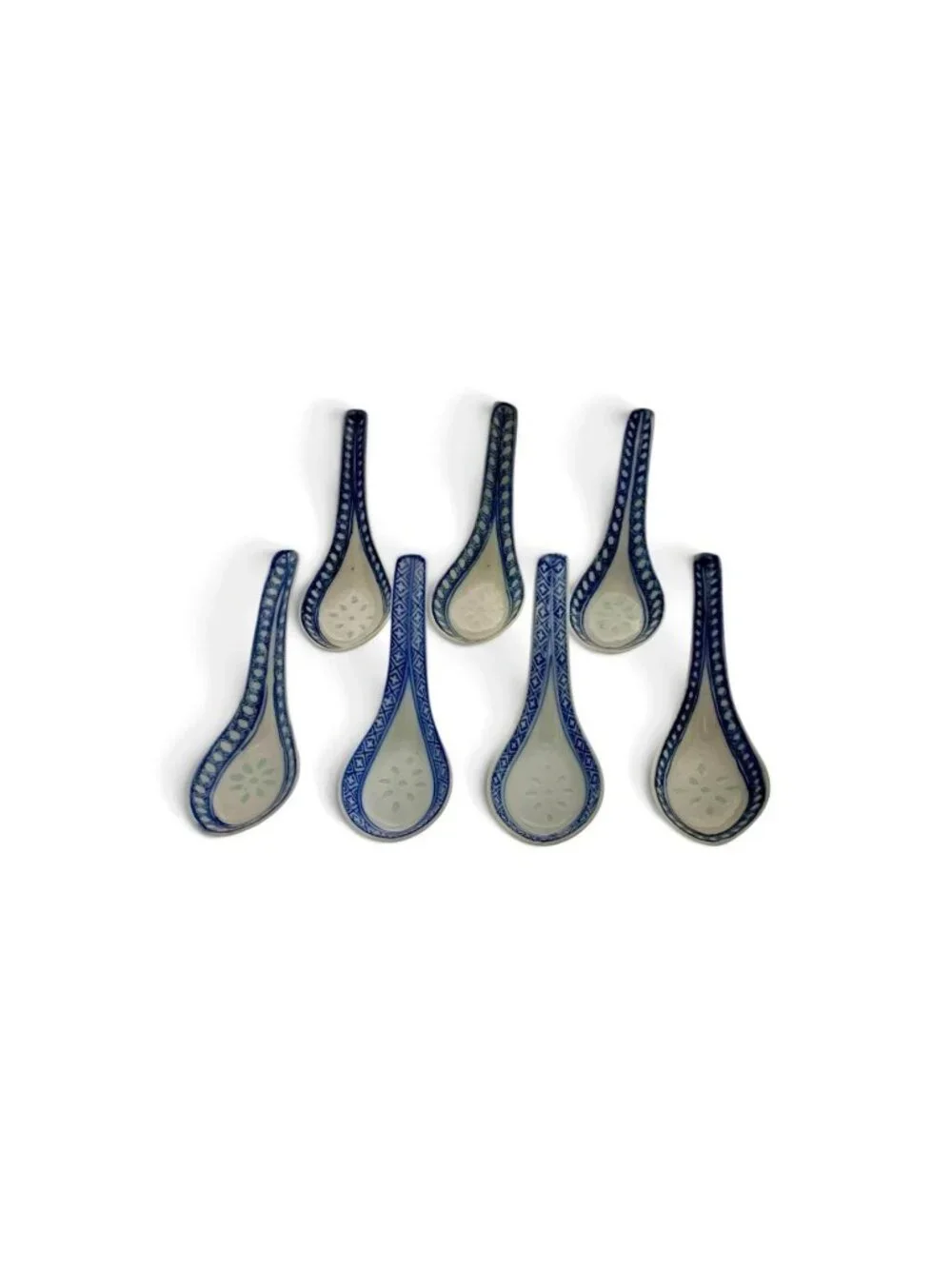 Soup Spoon Set of 7 Porcelain Rice Eye Translucent Design Vintage Chinese Decor